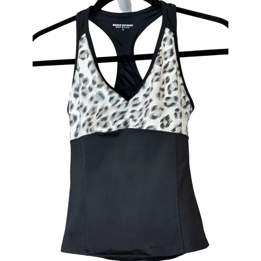 Bebe Sport Women's Animal Print Racerback Tank Top Black Stretch V-Neck S